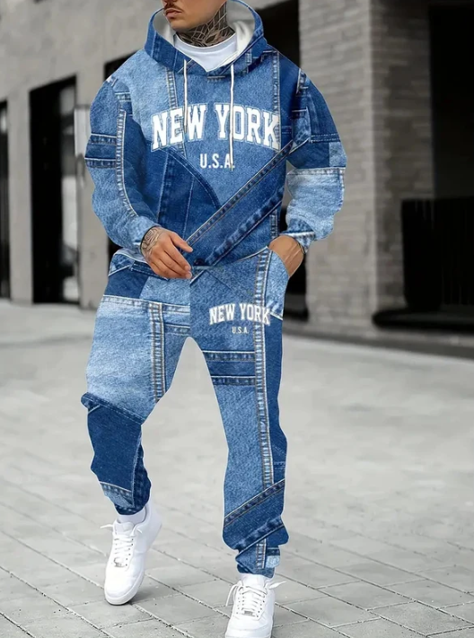 Men's New York Vintage Denim-Style Hoodie & Joggers 2-Piece Set