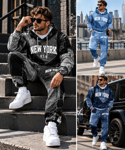 Men's New York Vintage Denim-Style Hoodie & Joggers 2-Piece Set
