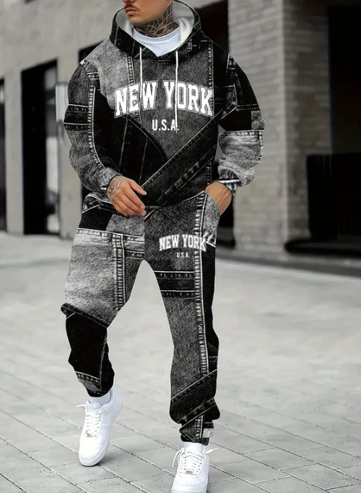 Men's New York Vintage Denim-Style Hoodie & Joggers 2-Piece Set
