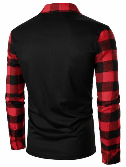 AURION™ Men’s Plaid Patchwork Long-Sleeve Shirt – Bold, Modern & Effortlessly Cool