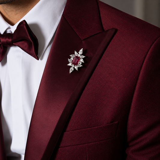Command the Room — Burgundy Suit & Luxury Crystal Brooch
