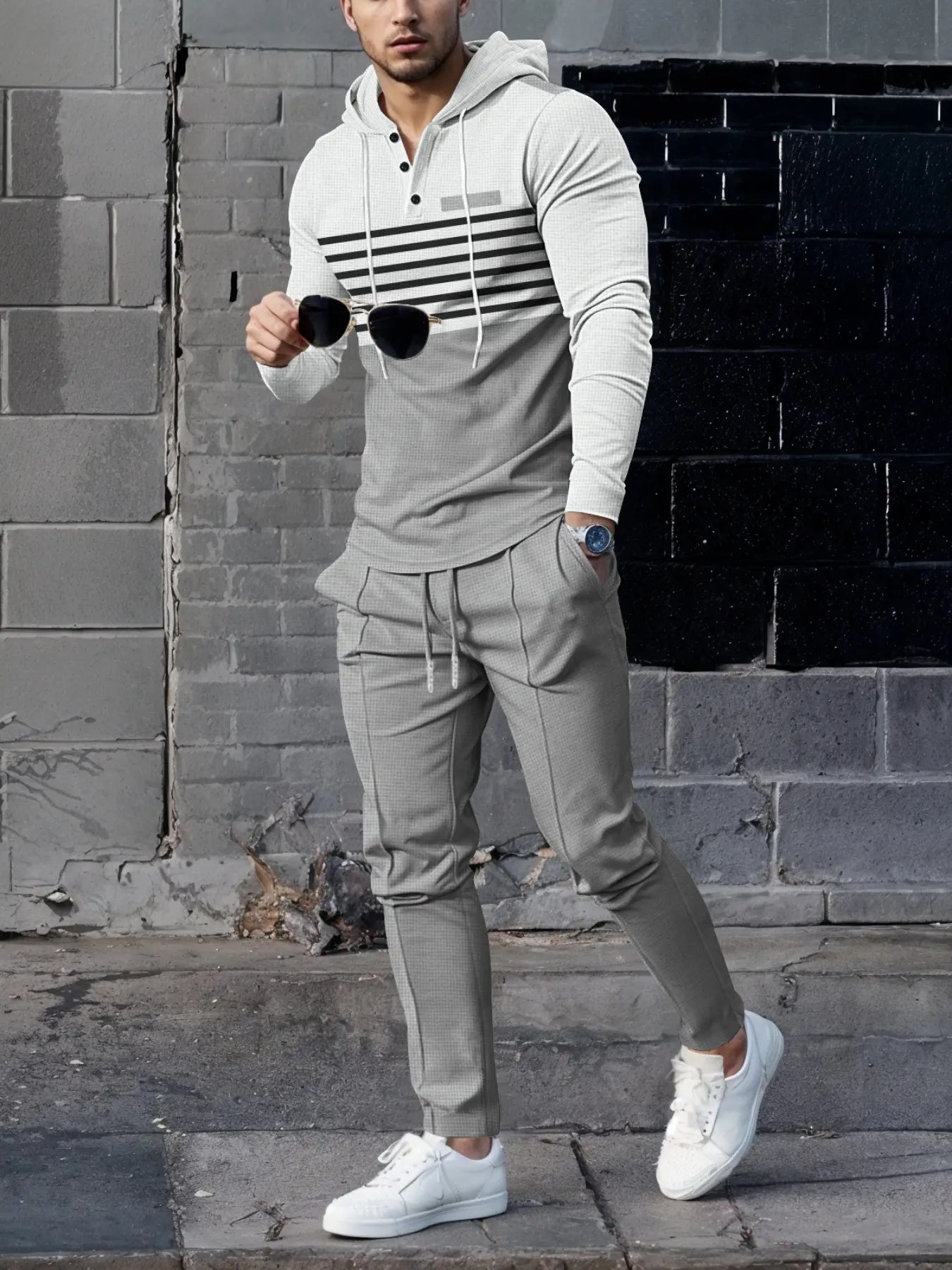 Men's Premium Textured Hooded Henley Jogger Set