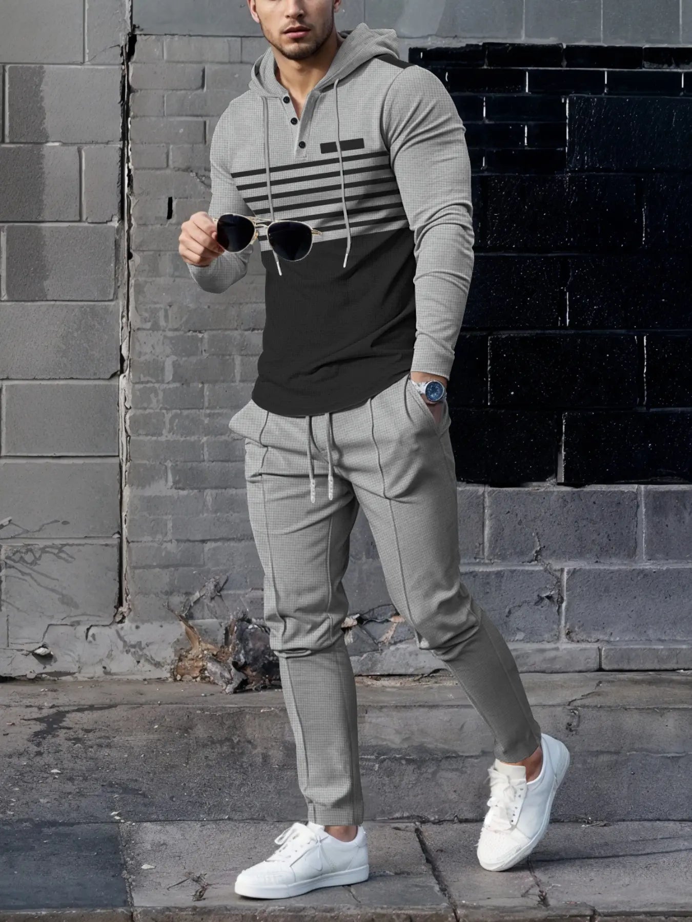 Men's Premium Textured Hooded Henley Jogger Set