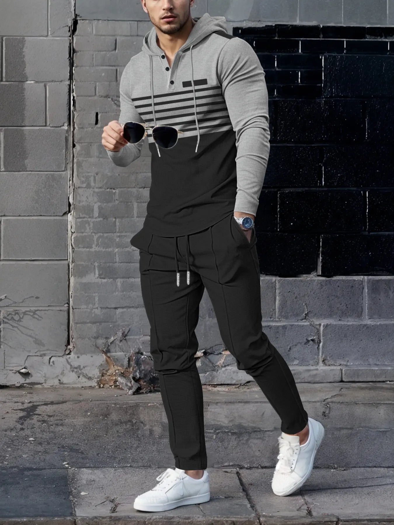 Men's Premium Textured Hooded Henley Jogger Set