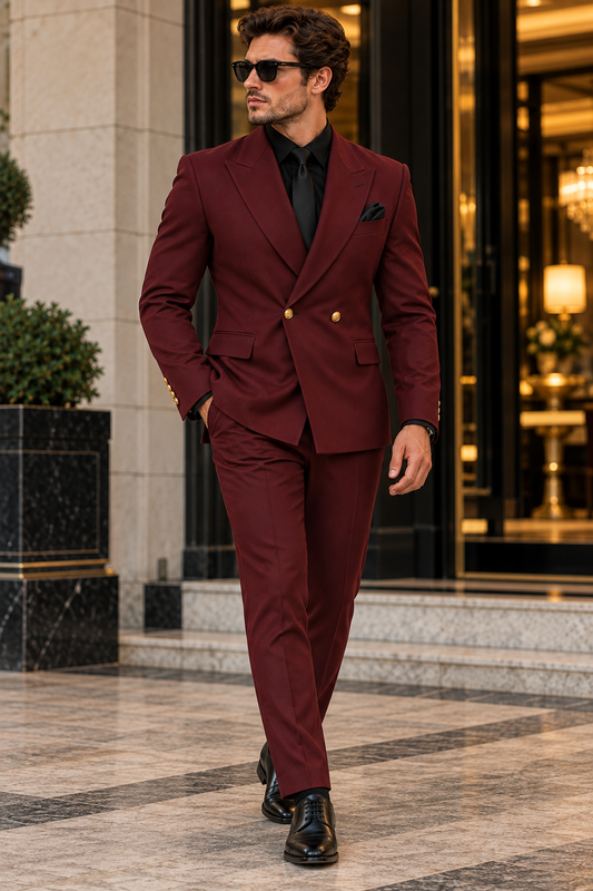 Command the Room — Burgundy Suit & Luxury Crystal Brooch