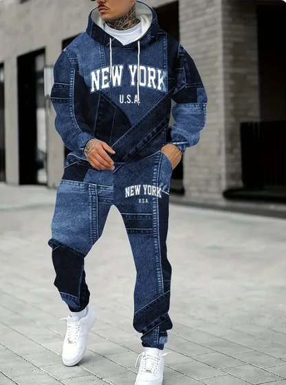Men's New York Vintage Denim-Style Hoodie & Joggers 2-Piece Set